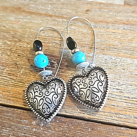 Silver Dangle Etched Heart Earrings, Black and Turquoise - Picture 2 of 3